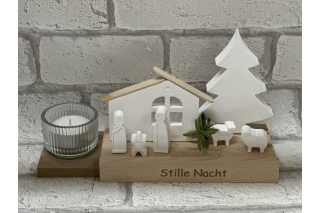 Bastelset: Krippenfiguren mit Stall, Baum und Teelichthalter, groß