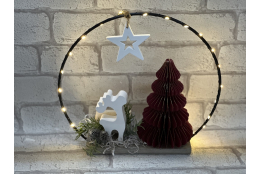Bastelset: Drahtring mit Tannenbaum aus Papier, Elch und Lichterkette